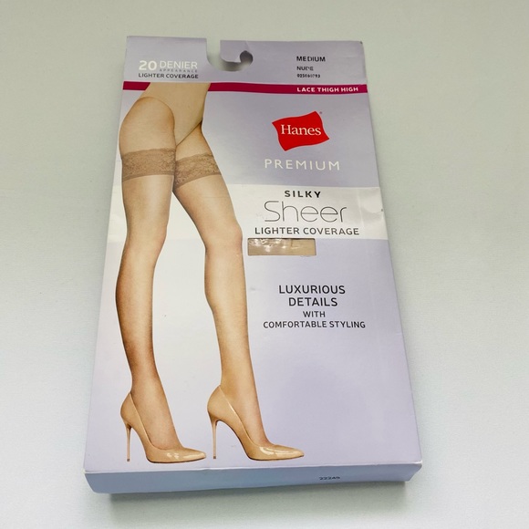 Hanes premium Silky Sheer Lace Thigh Highs. Color Nude, size Medium. NWT - Picture 8 of 11